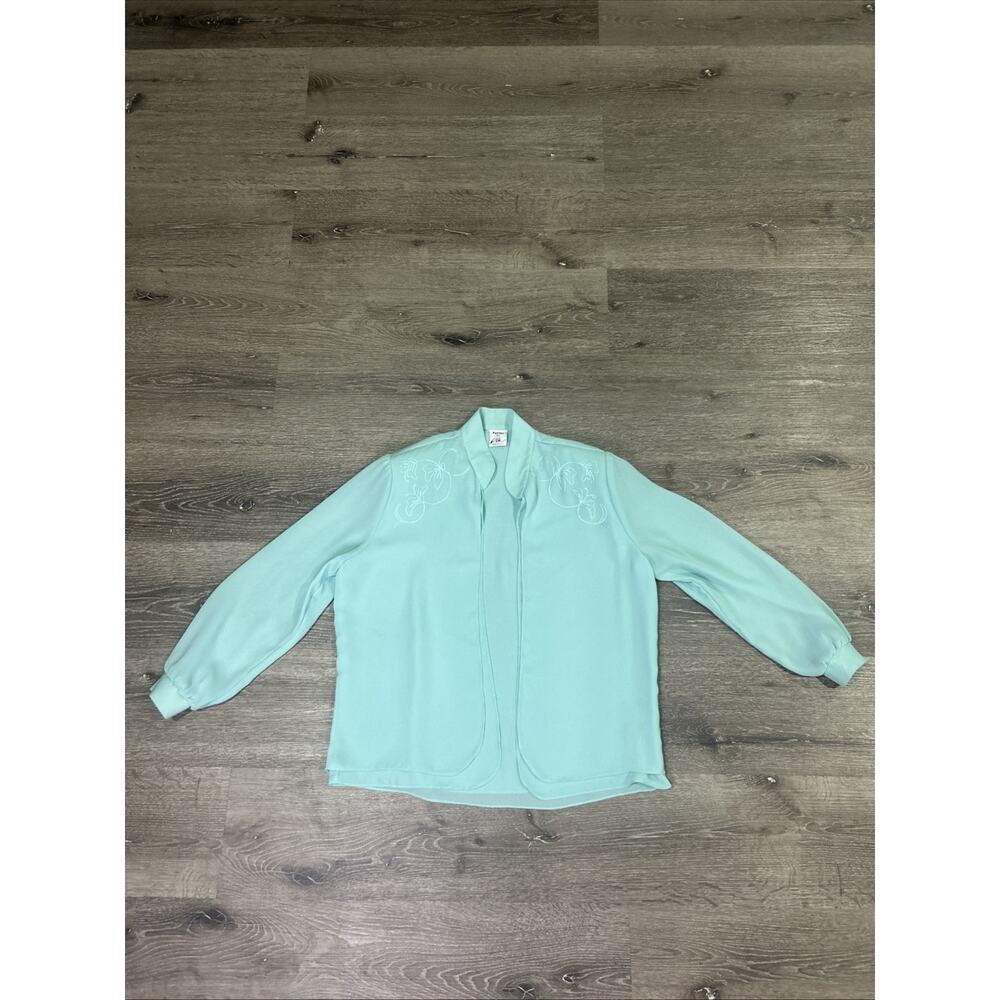 Vintage 80s Petites by Willi Mint Green Embroidered Blouse Top Petite Large PL